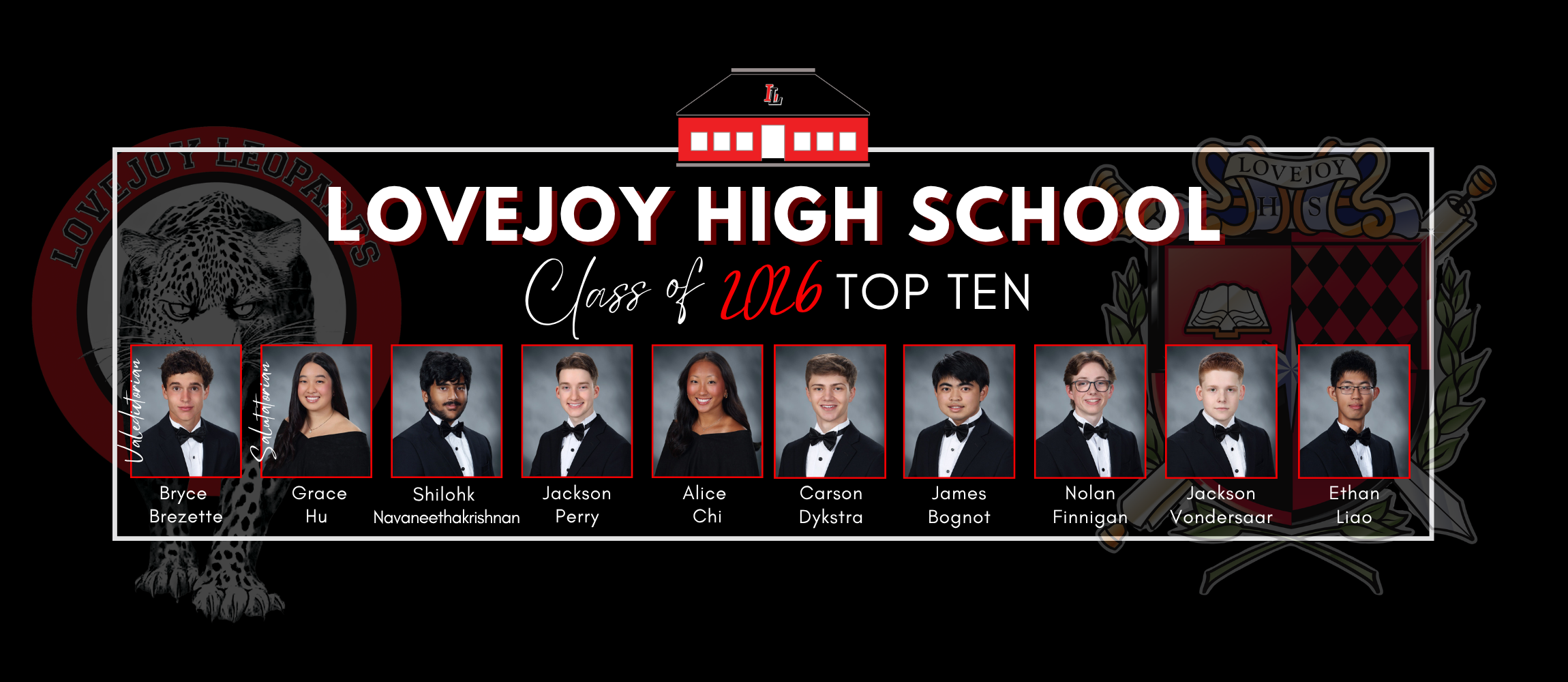 A black background features the "Lovejoy High School" logo and the "Class of 2016 Top Ten" with students' photos.