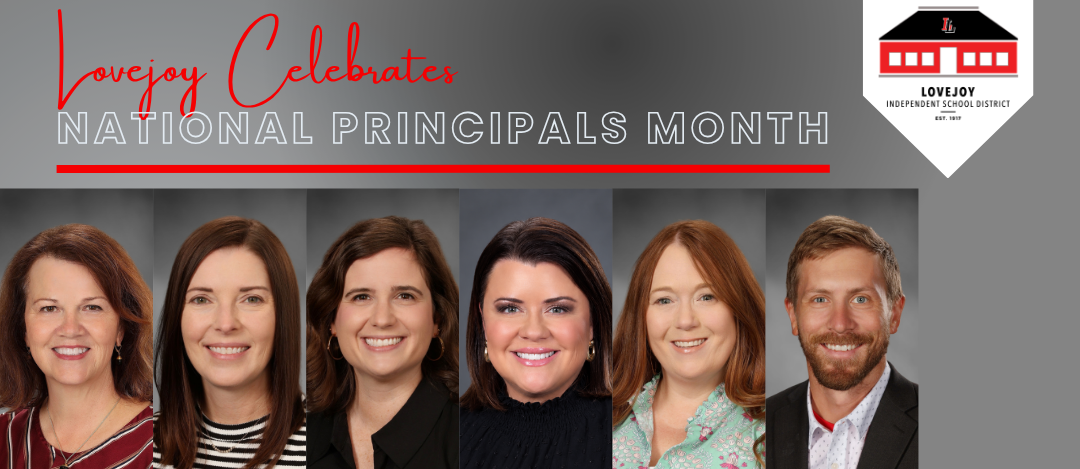 Five smiling adults, two men and three women, with text overlay reading "Lovejoy Celebrates National Principals Month" and hashtag "#ThankAPrincipal".