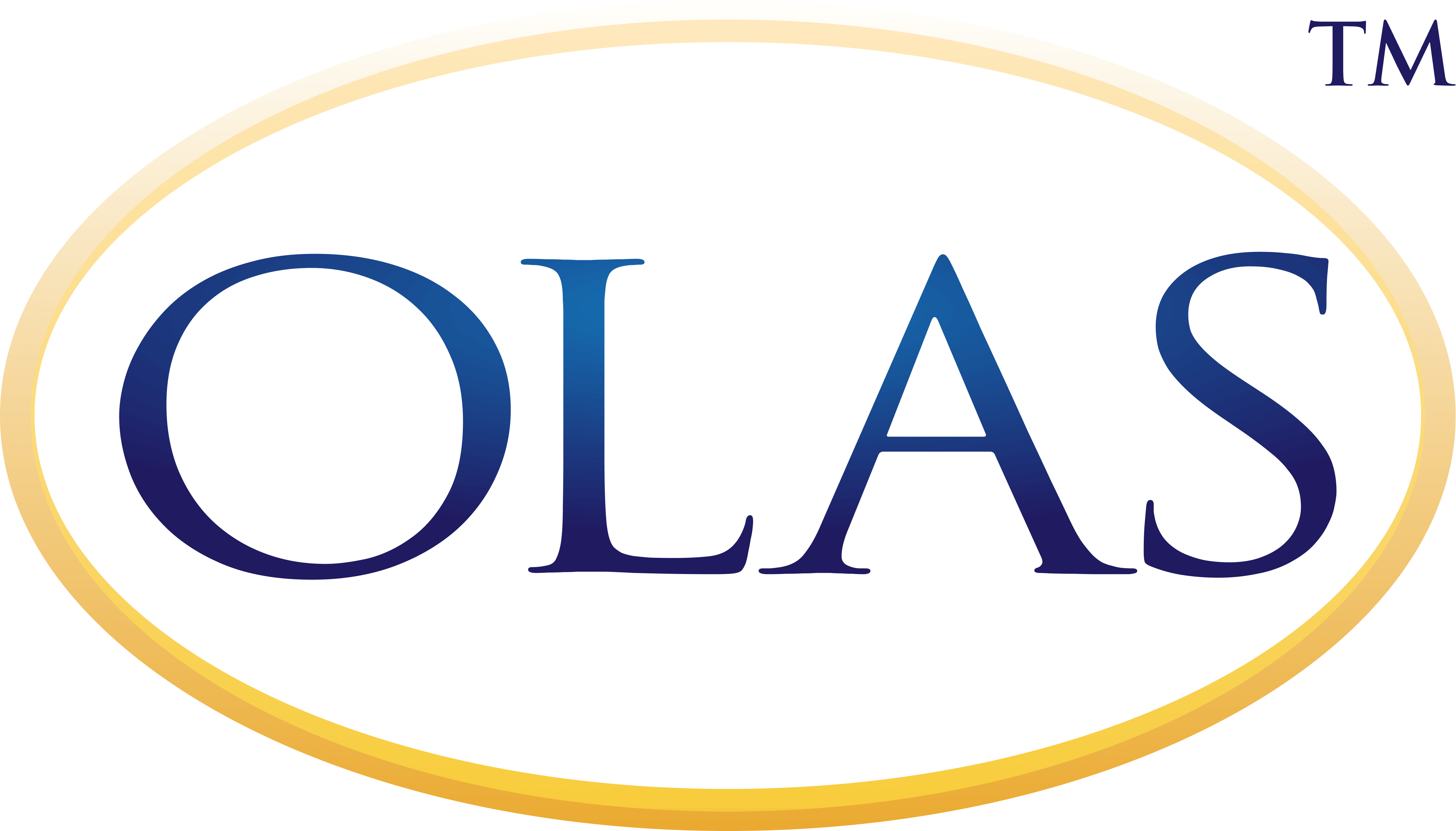 white oval with yellow boarder that says OLAS in blue letters