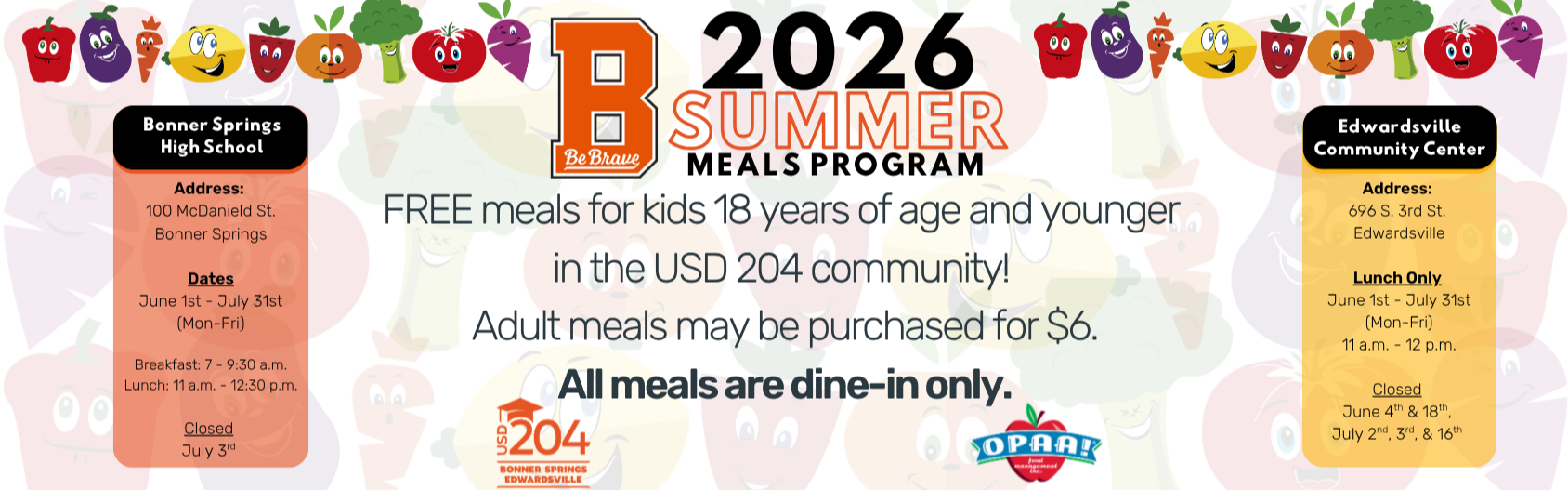 A flyer with red, yellow, and white background. It contains text about a summer meals program.