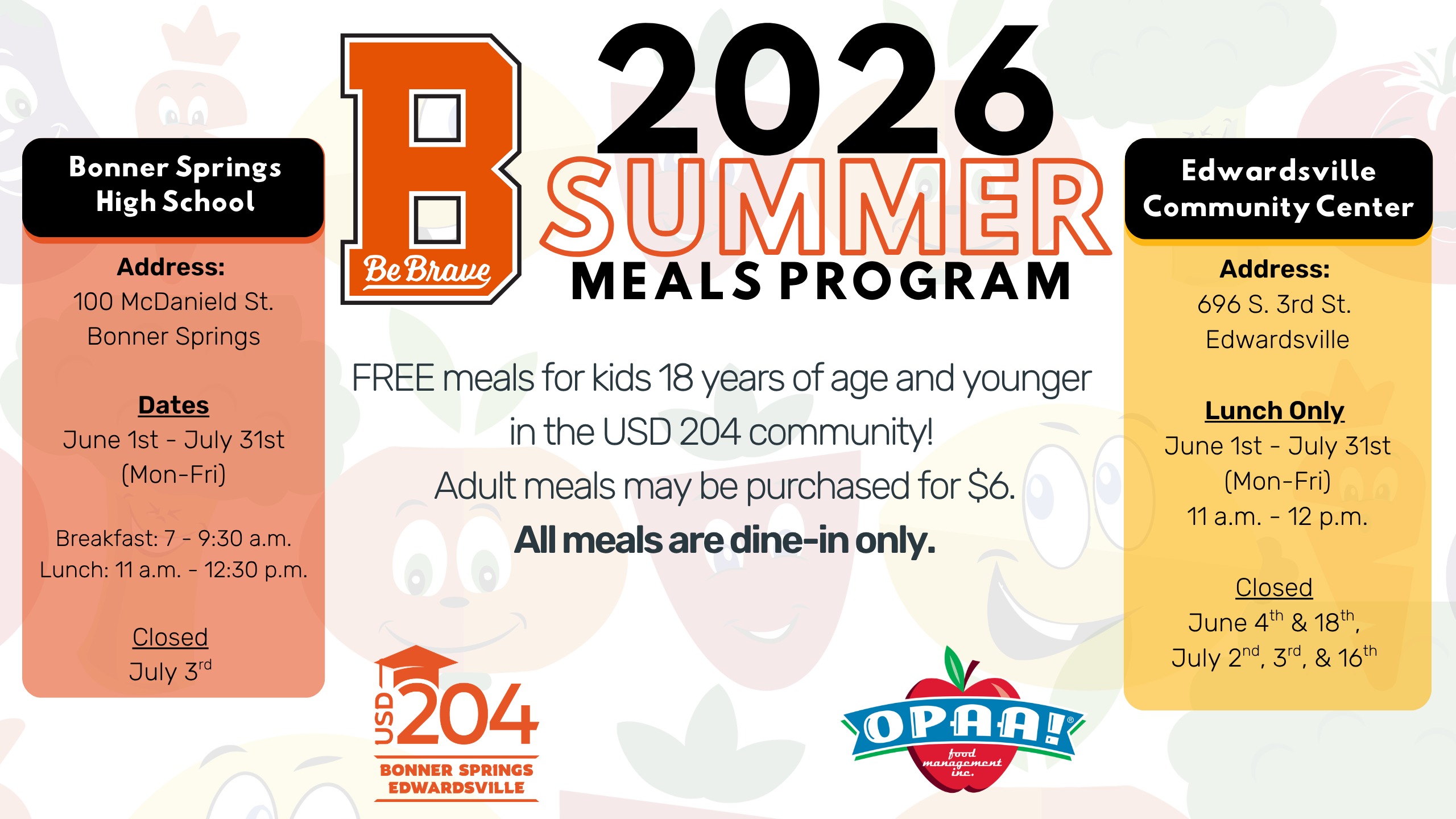 A flyer for the 2026 Summer Meals Program. Details include free meals for kids aged 18 and younger.