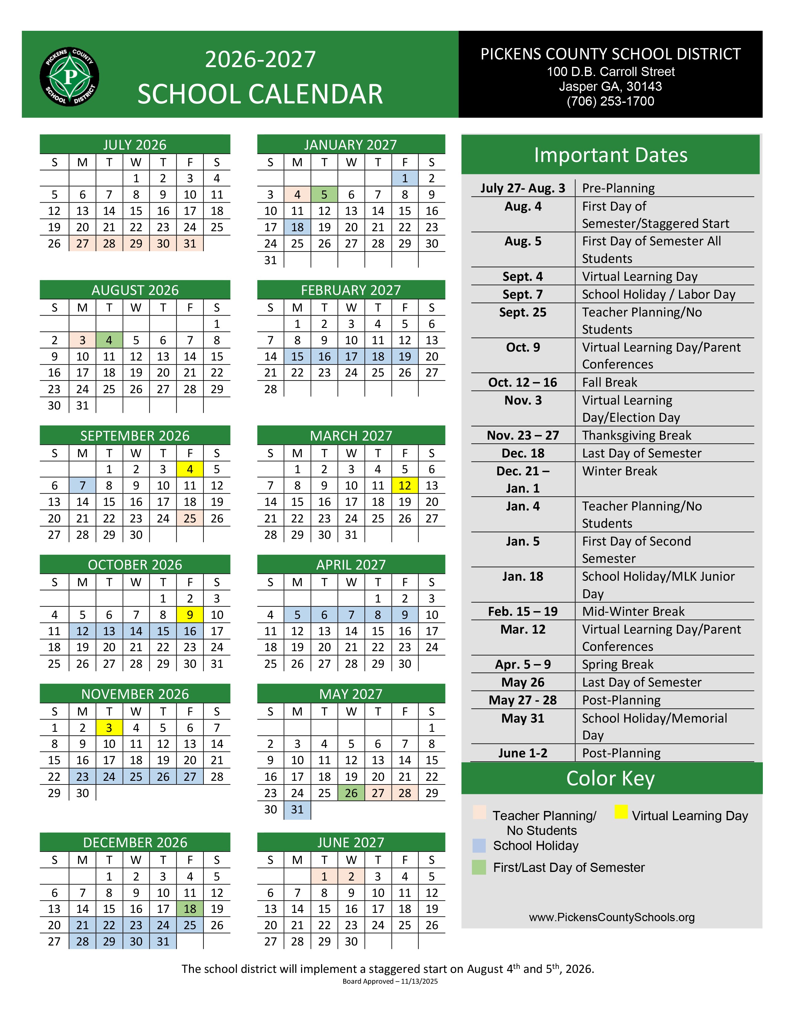 2026-2027 School Calendar
