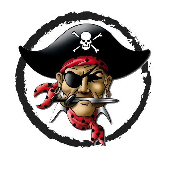 Cartoon pirate wearing a hat with crossed swords, red bandana, eye patch, and holding a sword.