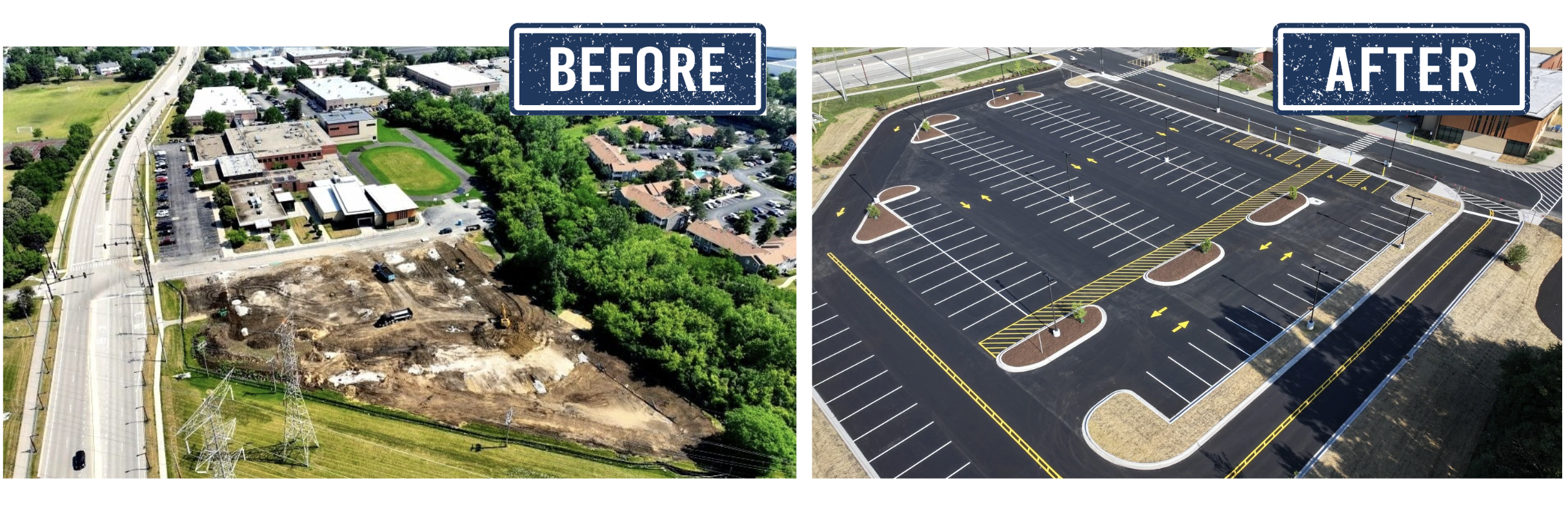 before and after photos of a parking lot