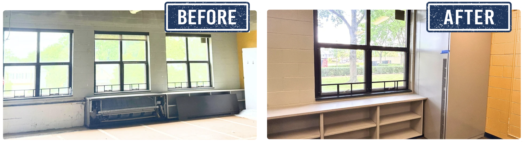 Before and After photo of cabinetry and HVAC