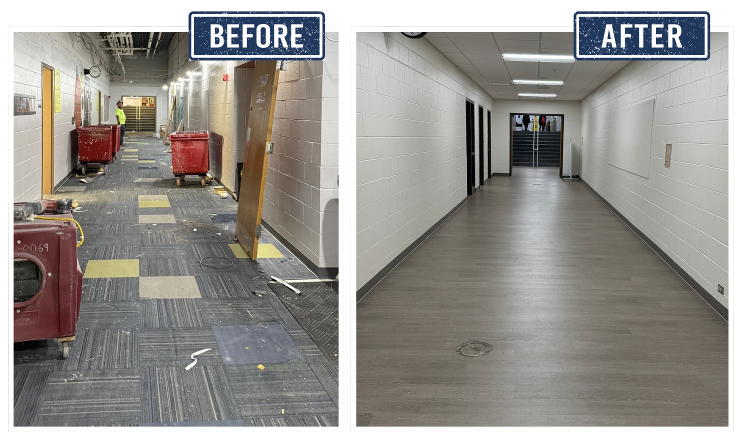 Before and after photo of flooring and lighting.