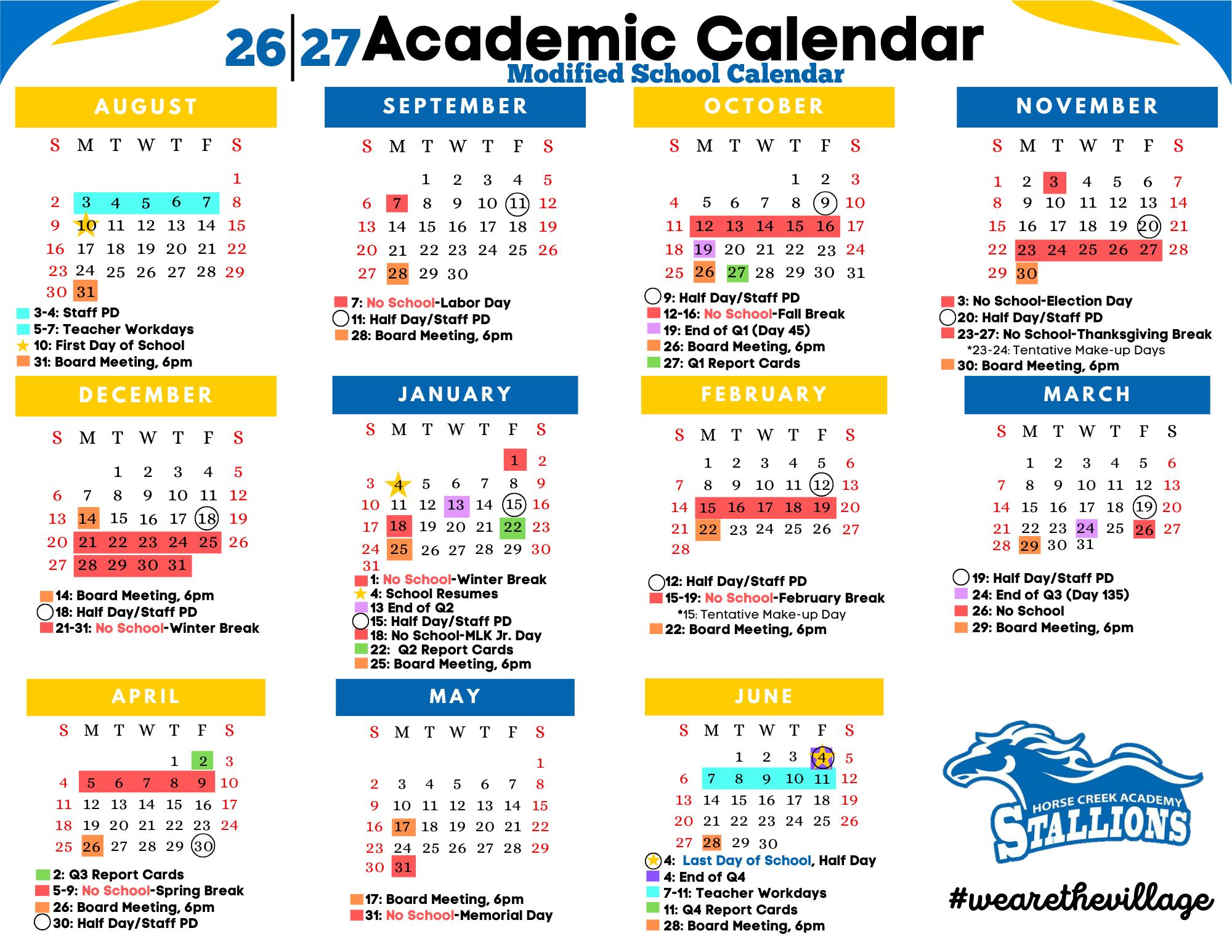 A school year calendar with months from August to July. It includes holidays and school holidays.