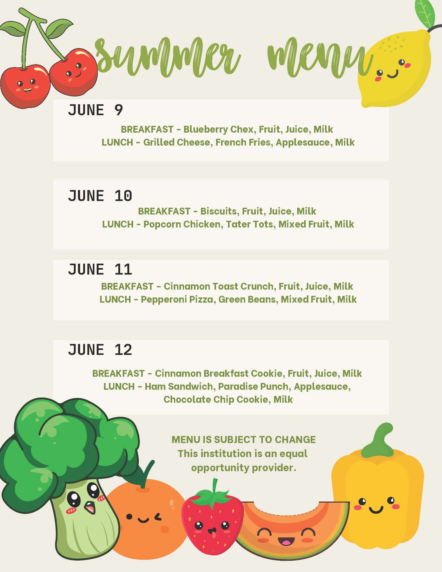 Menu for June 9-12