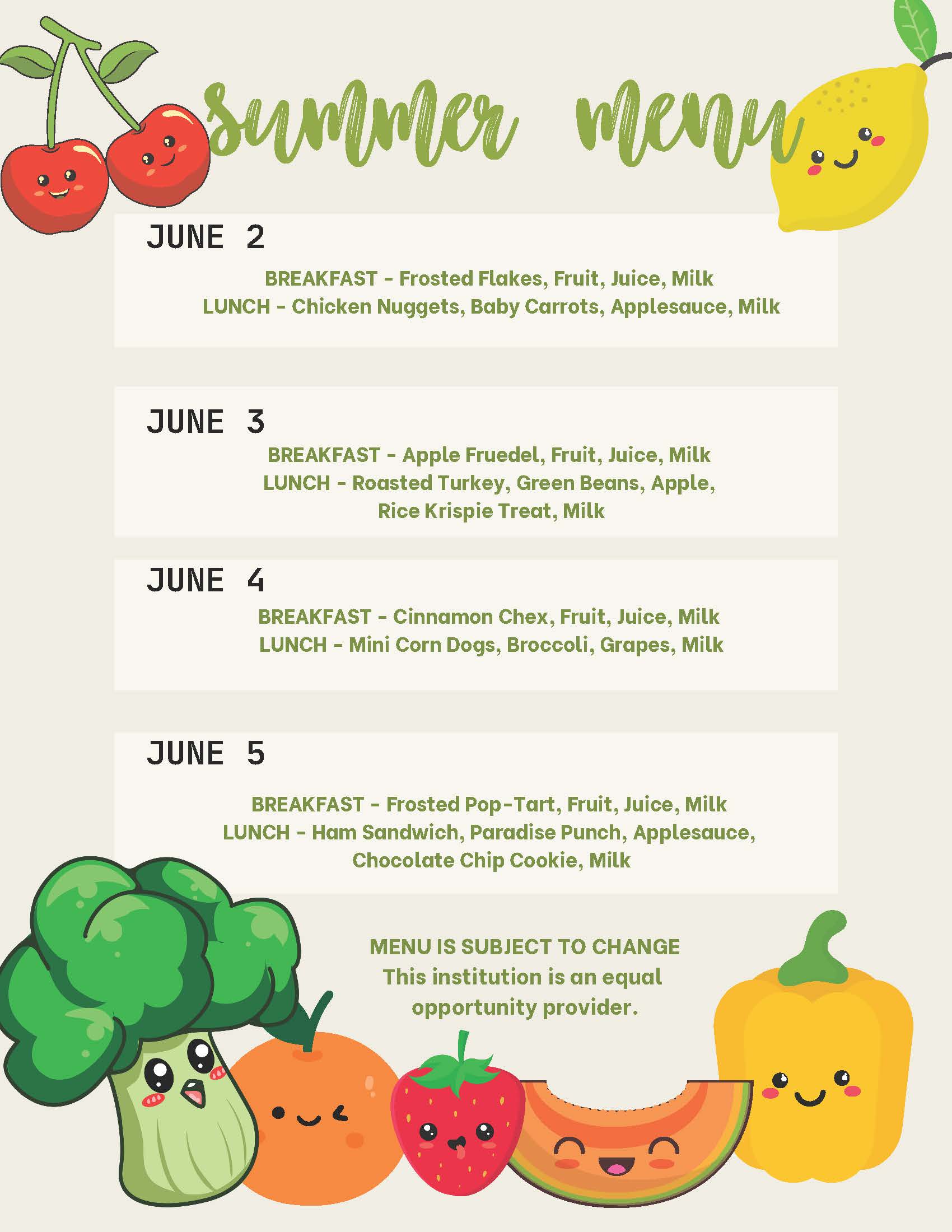 Menu for June 2-5