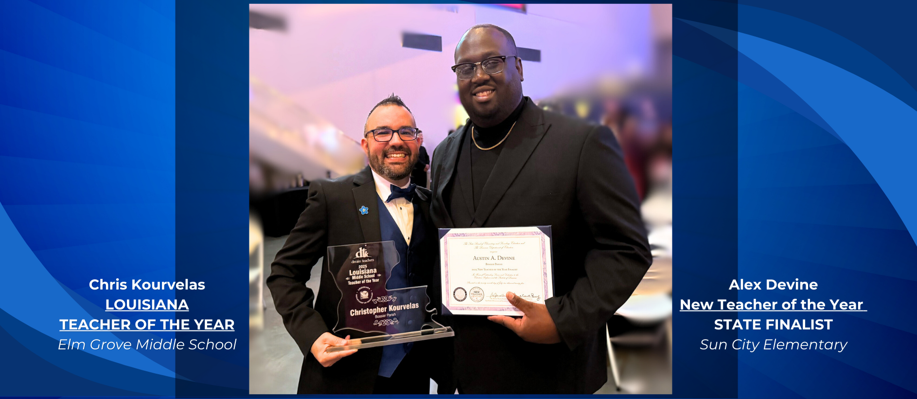 Chris Kourvelas LA Teacher of the Year poses with Alex Devine New Teacher of the Year State Finalist holding their awards