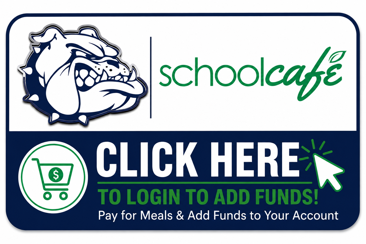 Berwick Area School District bulldog and SchoolCafé logos with a “Click Here to Login to Add Funds” button for paying for school meals and adding funds to your account.