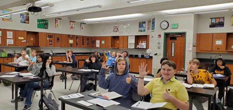 Students raising hands in a class room