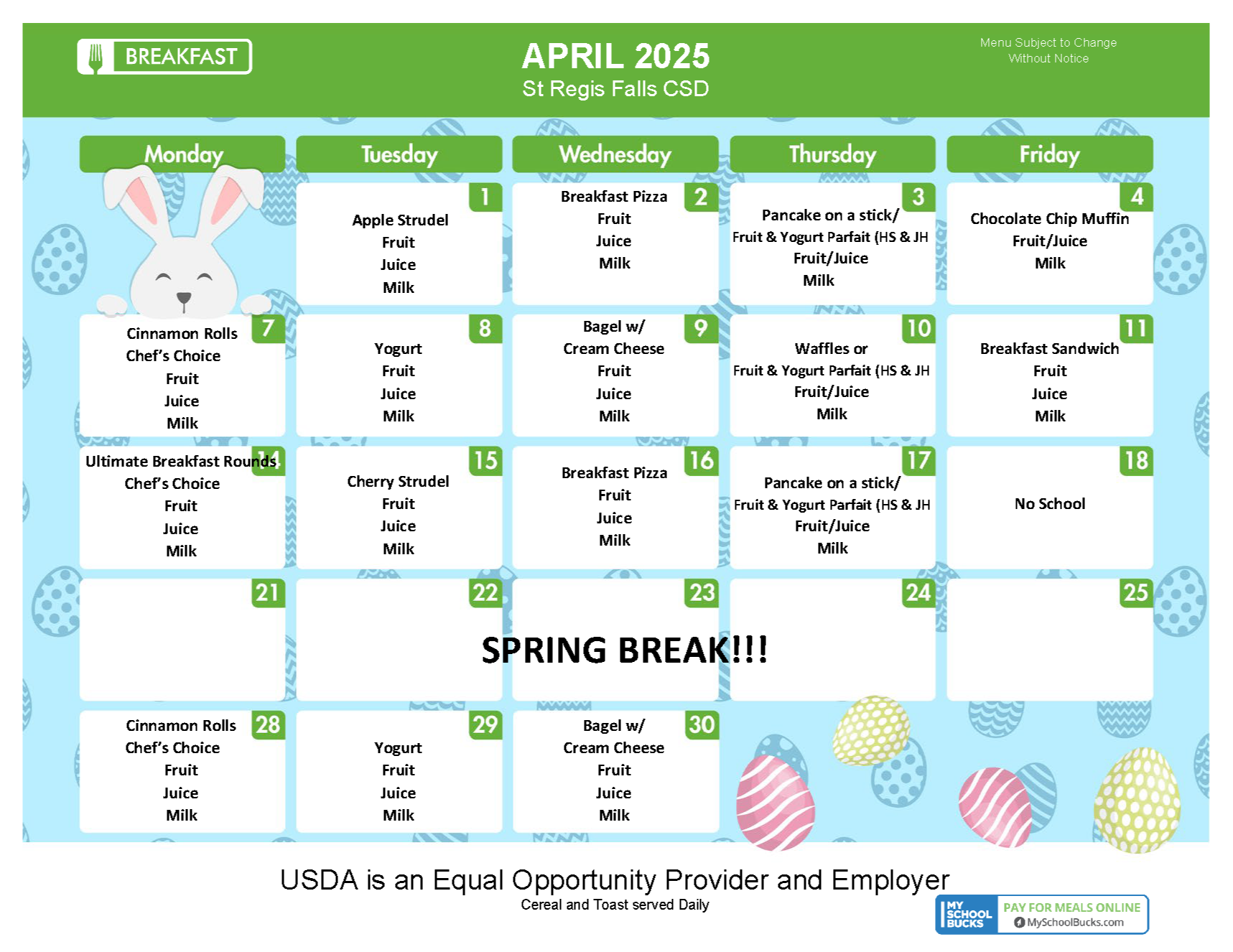 Image of April breakfast menu