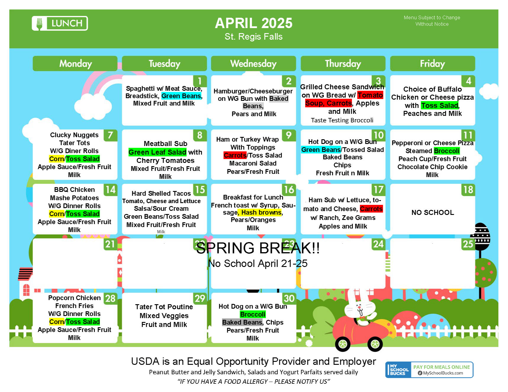 Image of April lunch menu