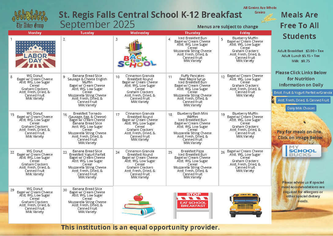 September 2025 St. Regis Falls breakfast menu