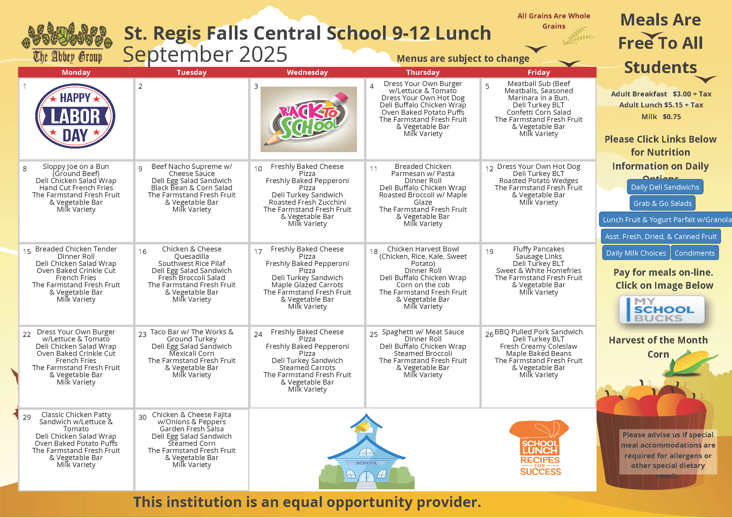 September 2025 St. Regis Falls 9-12 lunch menu