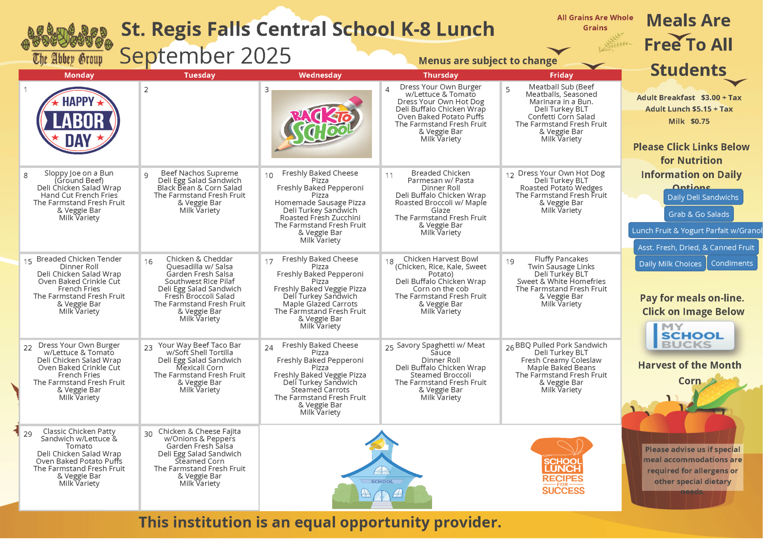 September 2025 K-8 St. Regis Falls lunch menu