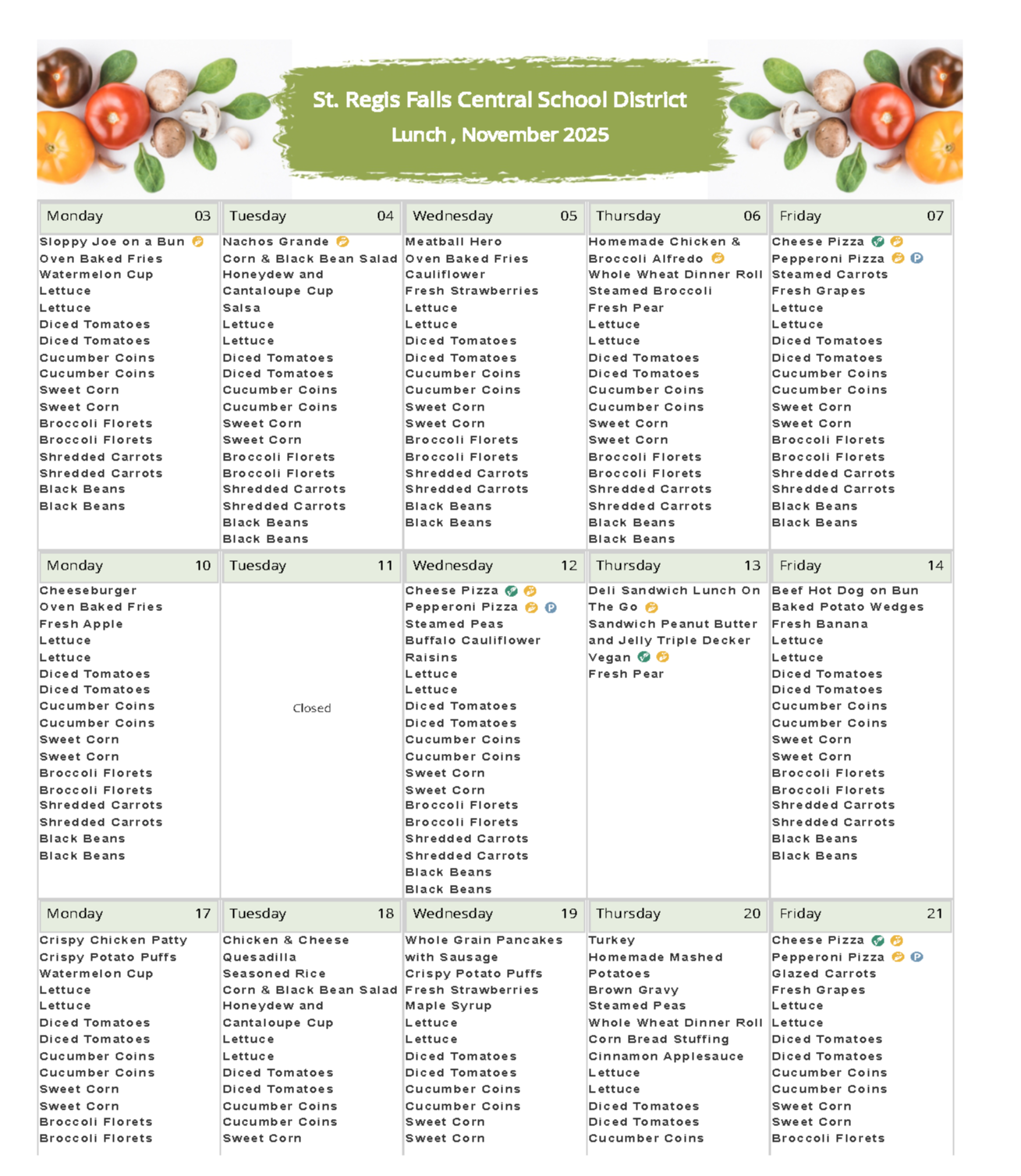 November 2025 St. Regis Falls lunch menu