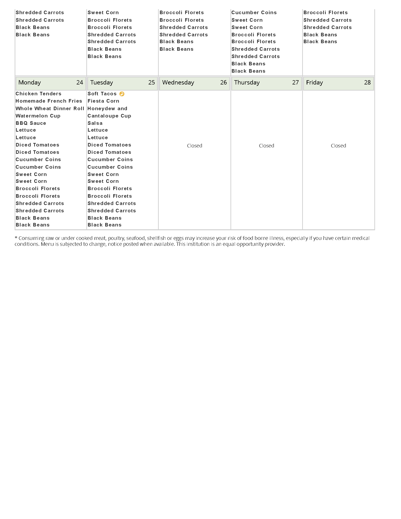November 2025 St. Regis Falls lunch menu