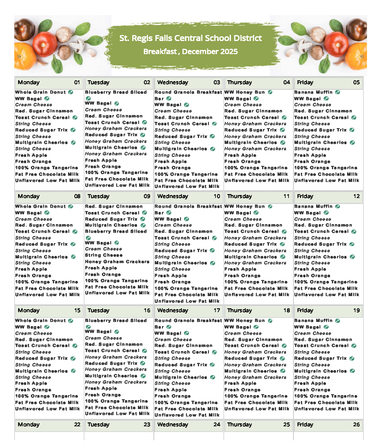 December 2025 breakfast menu page 1