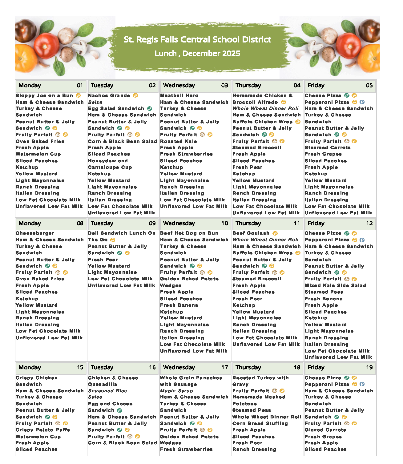 December 2025 K-8 lunch menu page 1