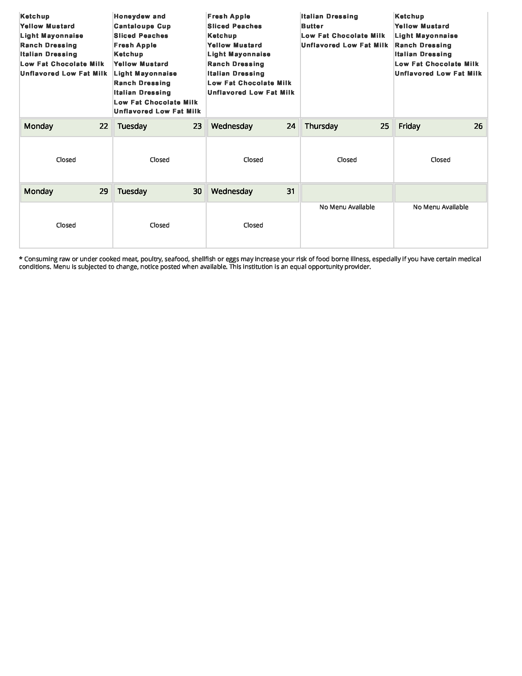 December 2025 K-8 lunch menu page 2
