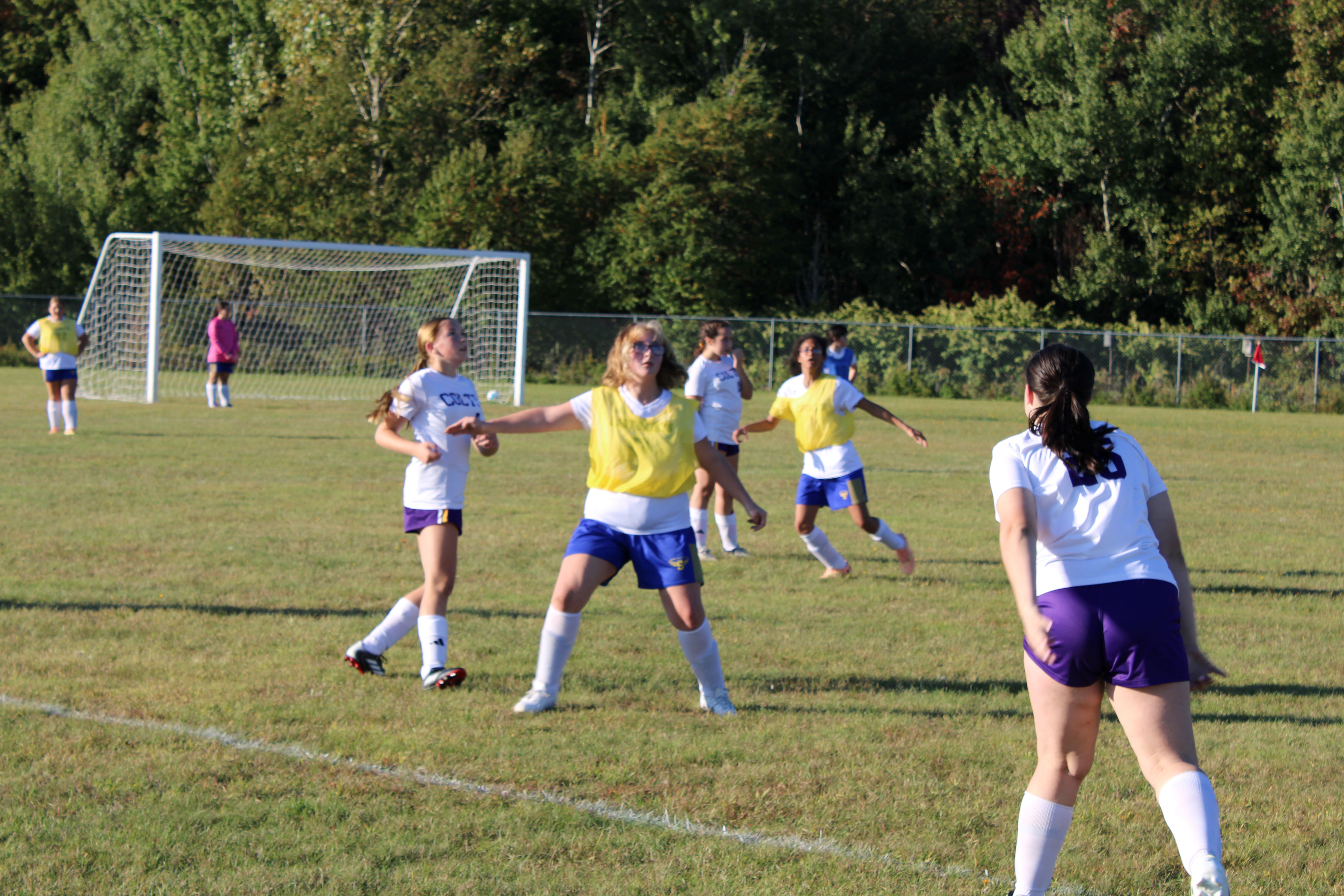 Girls modified soccer players on the field during a game