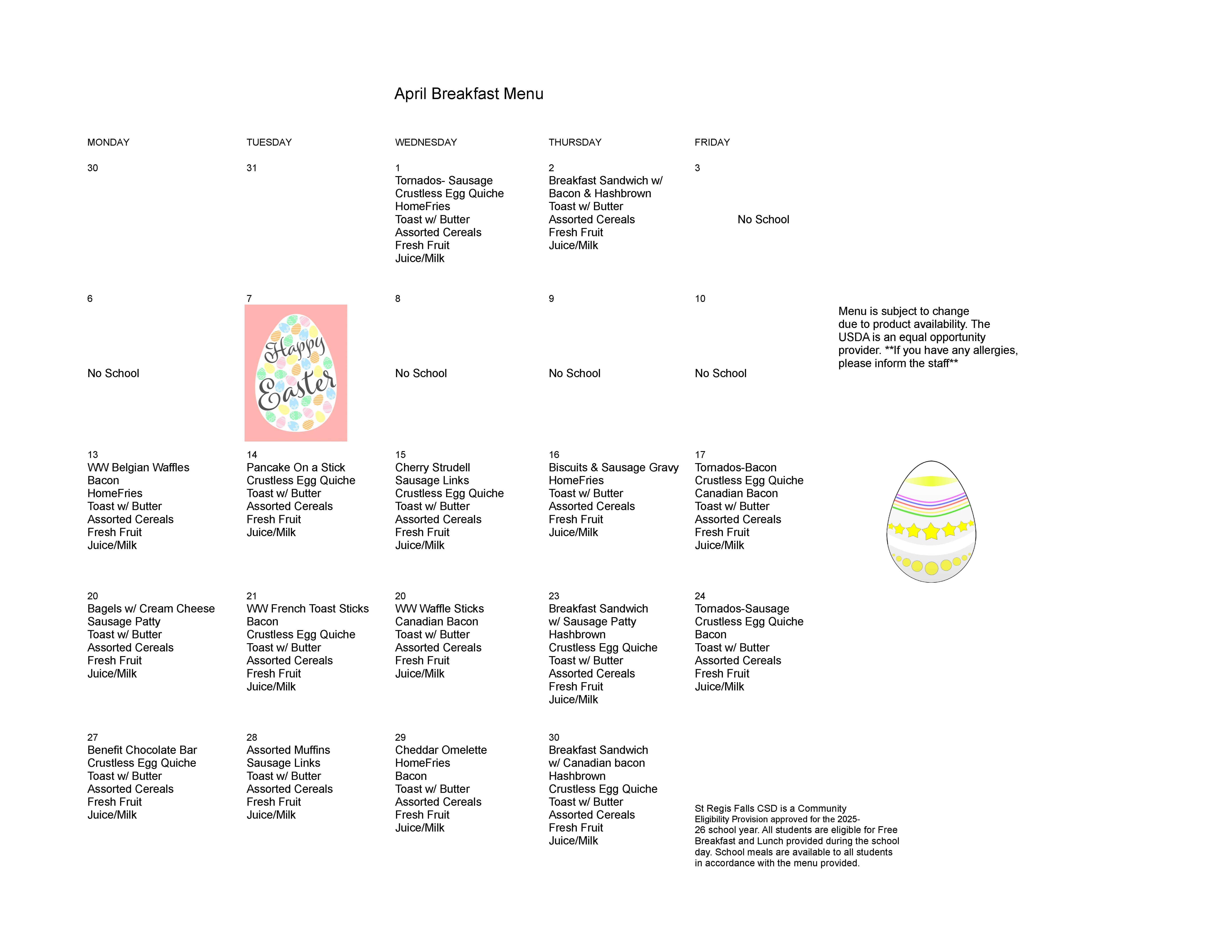 April 2026 breakfast menu