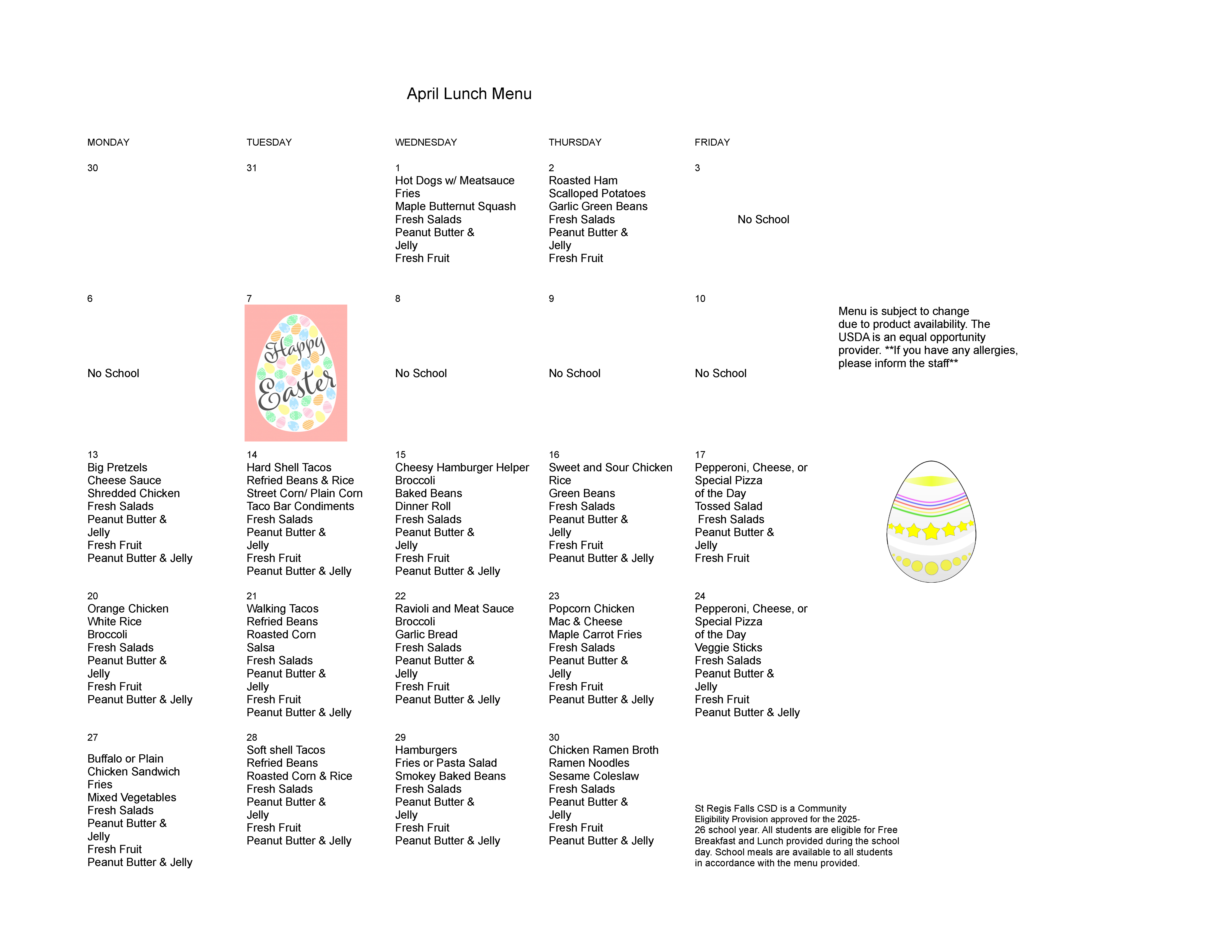 April 2026 lunch menu
