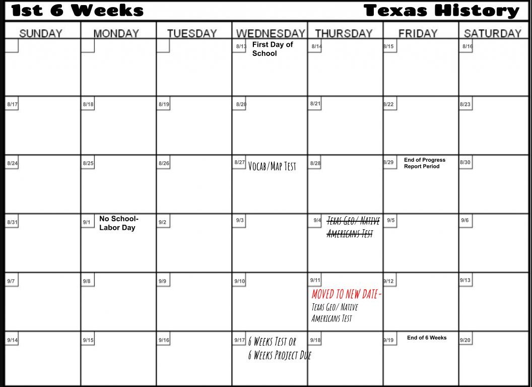 UPDATED 7th Grade Texas History - 1st 6 Weeks Calendar