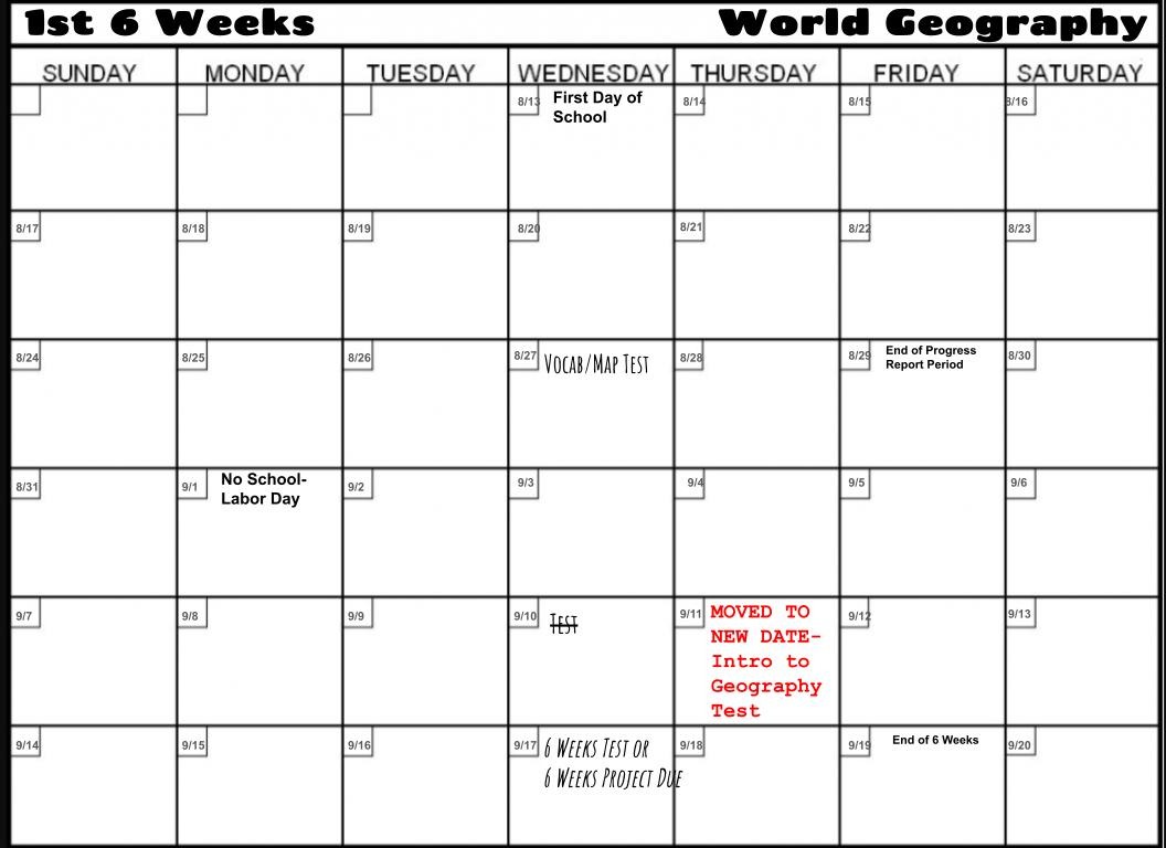 6th Grade World Geography - 1st 6 Weeks Calendar