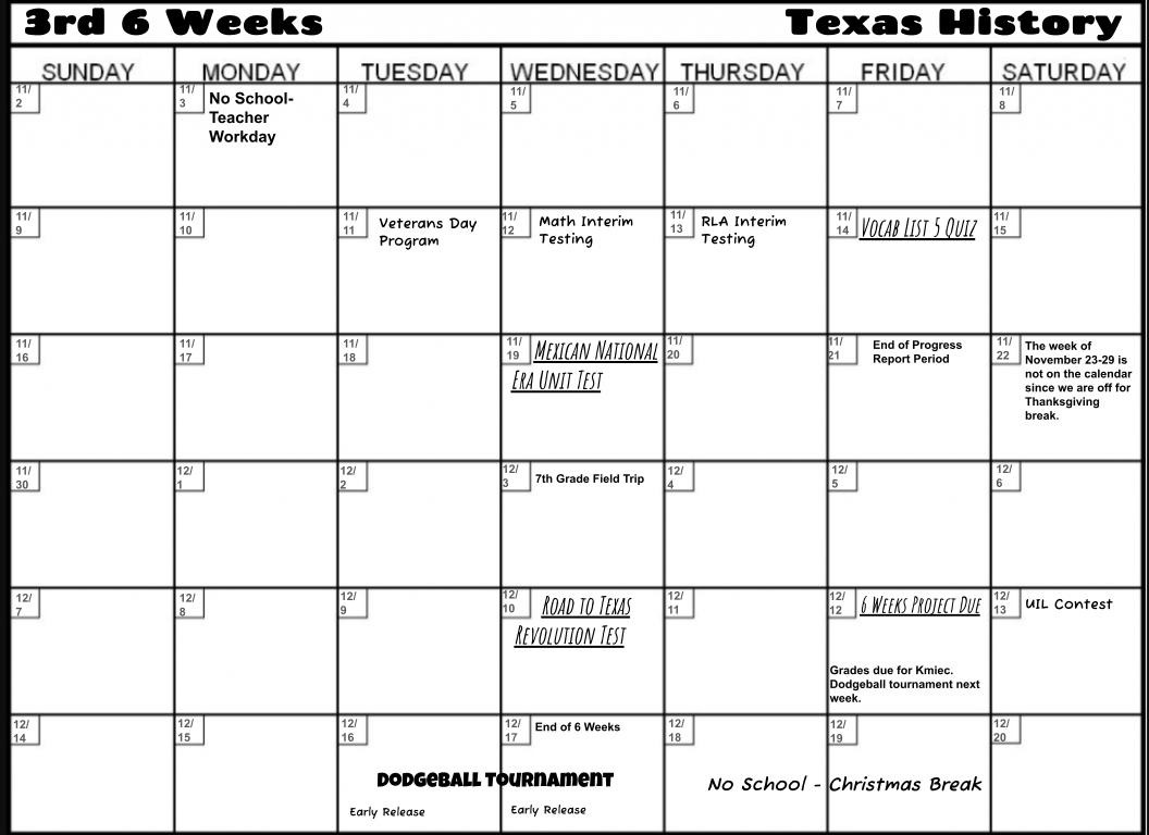  7th Grade Texas History - 3rd 6 Weeks Calendar