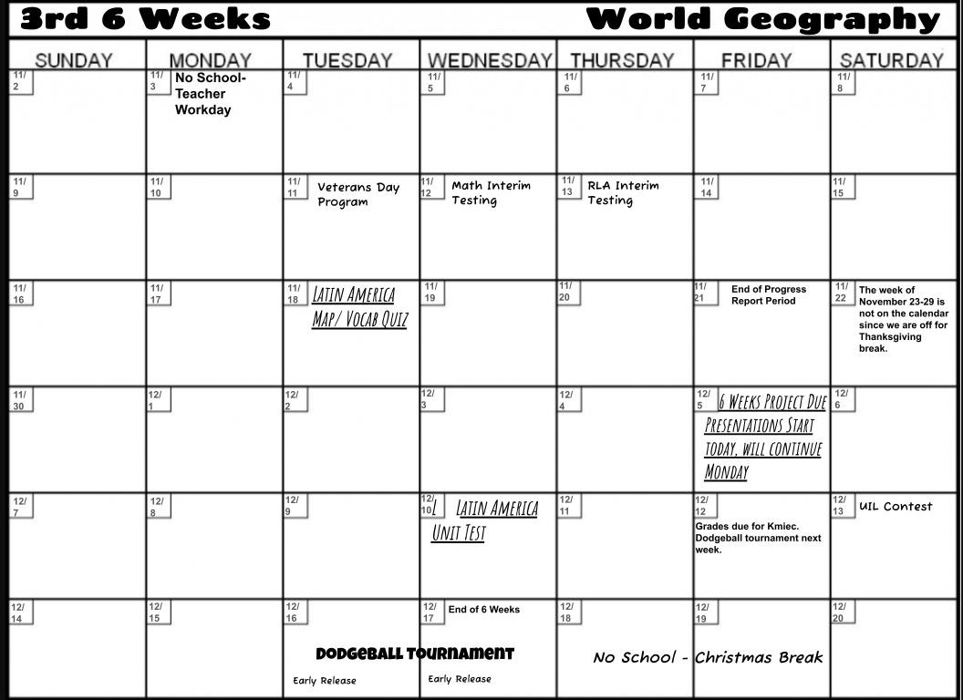 6th Grade World Geography - 3rd 6 Weeks Calendar