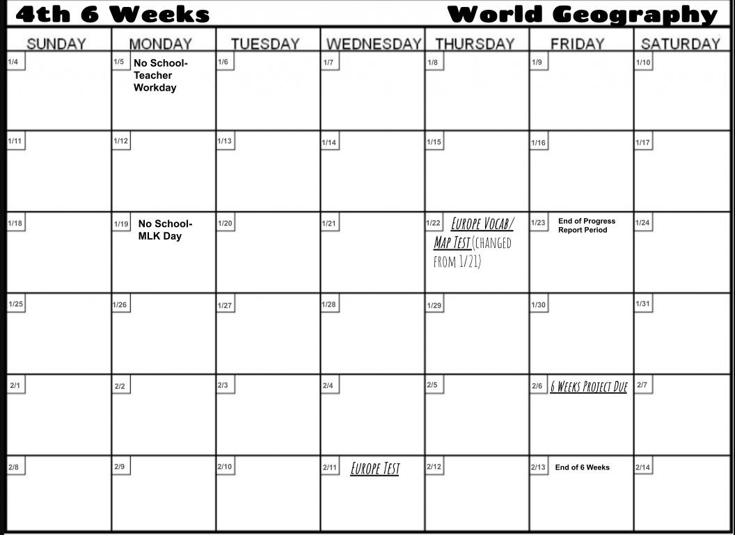 6th Grade World Geography - 4th 6 Weeks Calendar