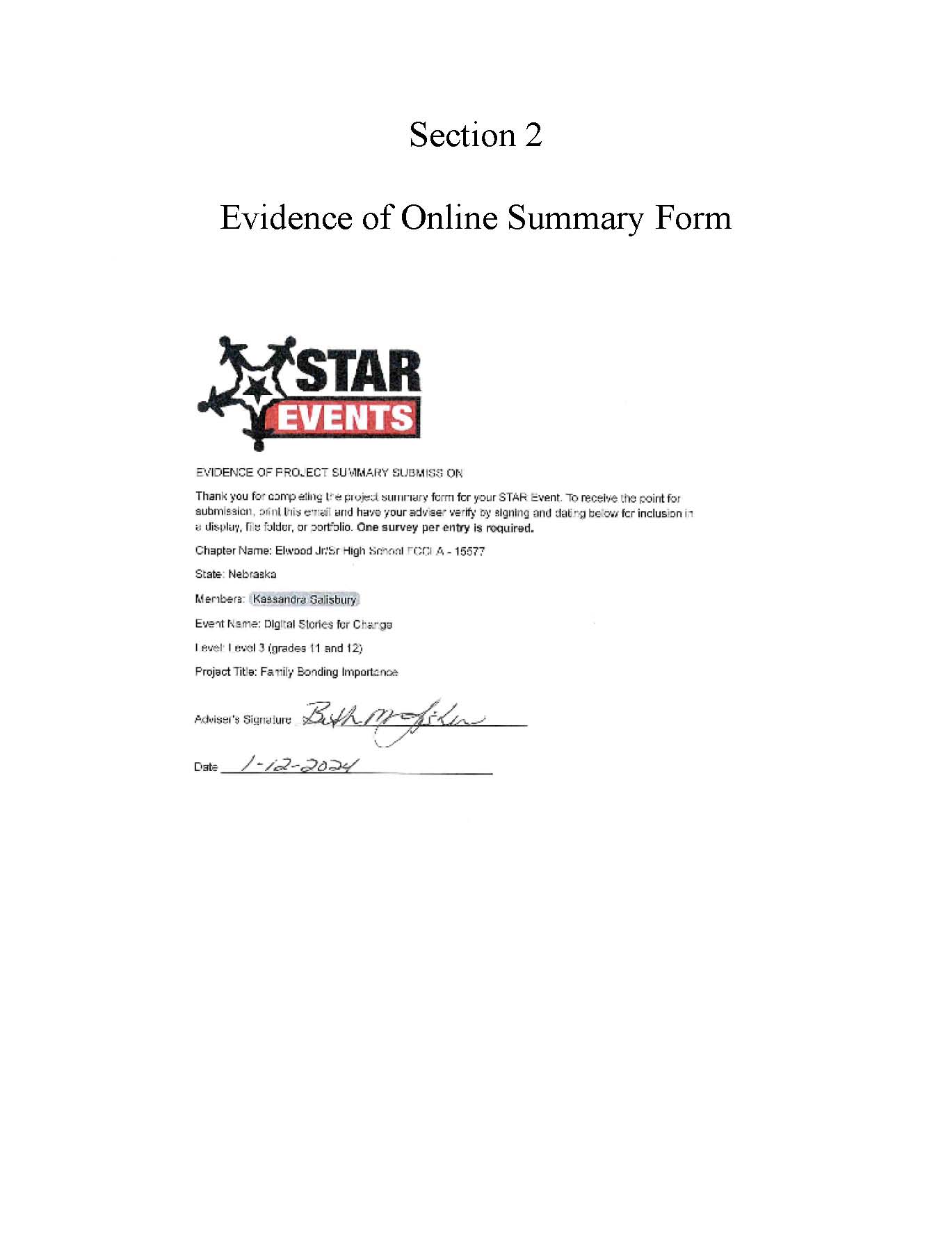 Evidence of Online Summary Form