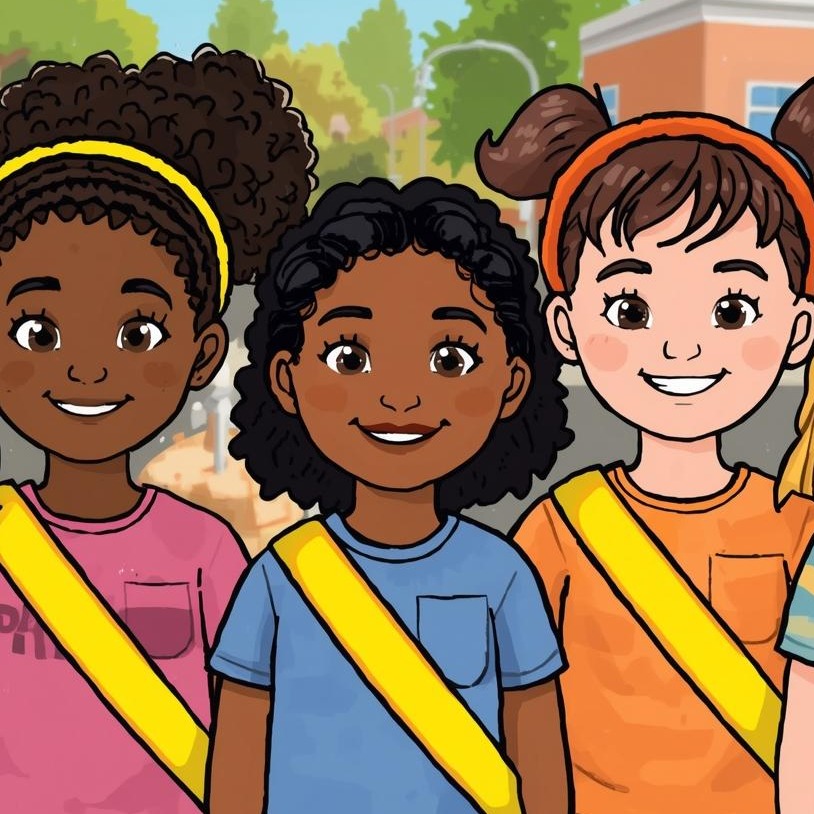 Students smiling and wearing yellow safety patrol belts.