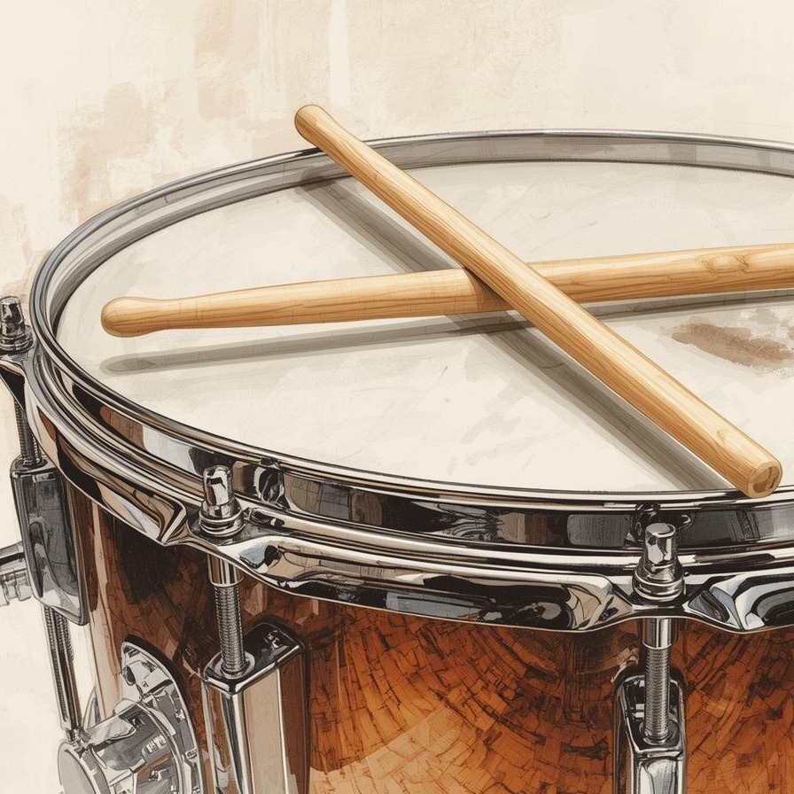 Snare drum with drumsticks sitting on top.