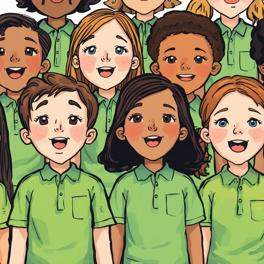 Students wearing green shirts, singing in a choir.