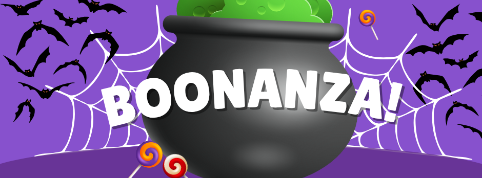 Boonanza! Witch cauldron, spider webs, candy, bats.