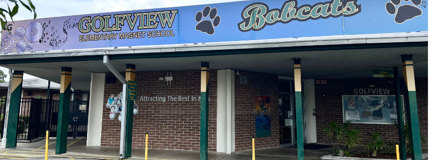 Photo of the front of Golfview Elementary, Bobcats