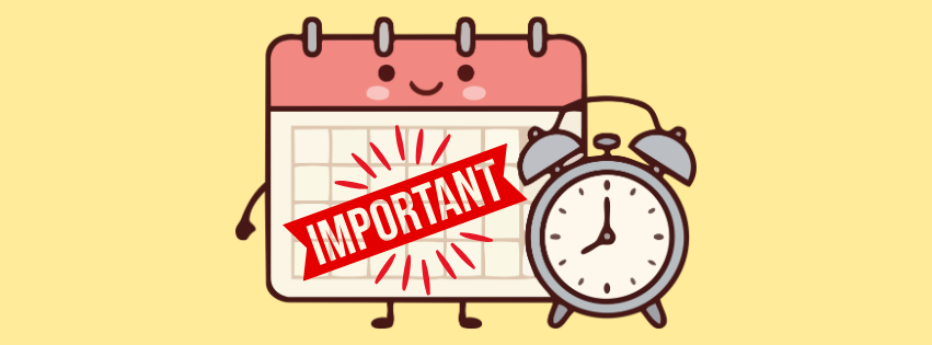 Calendar with smiley face, clock, "Important."