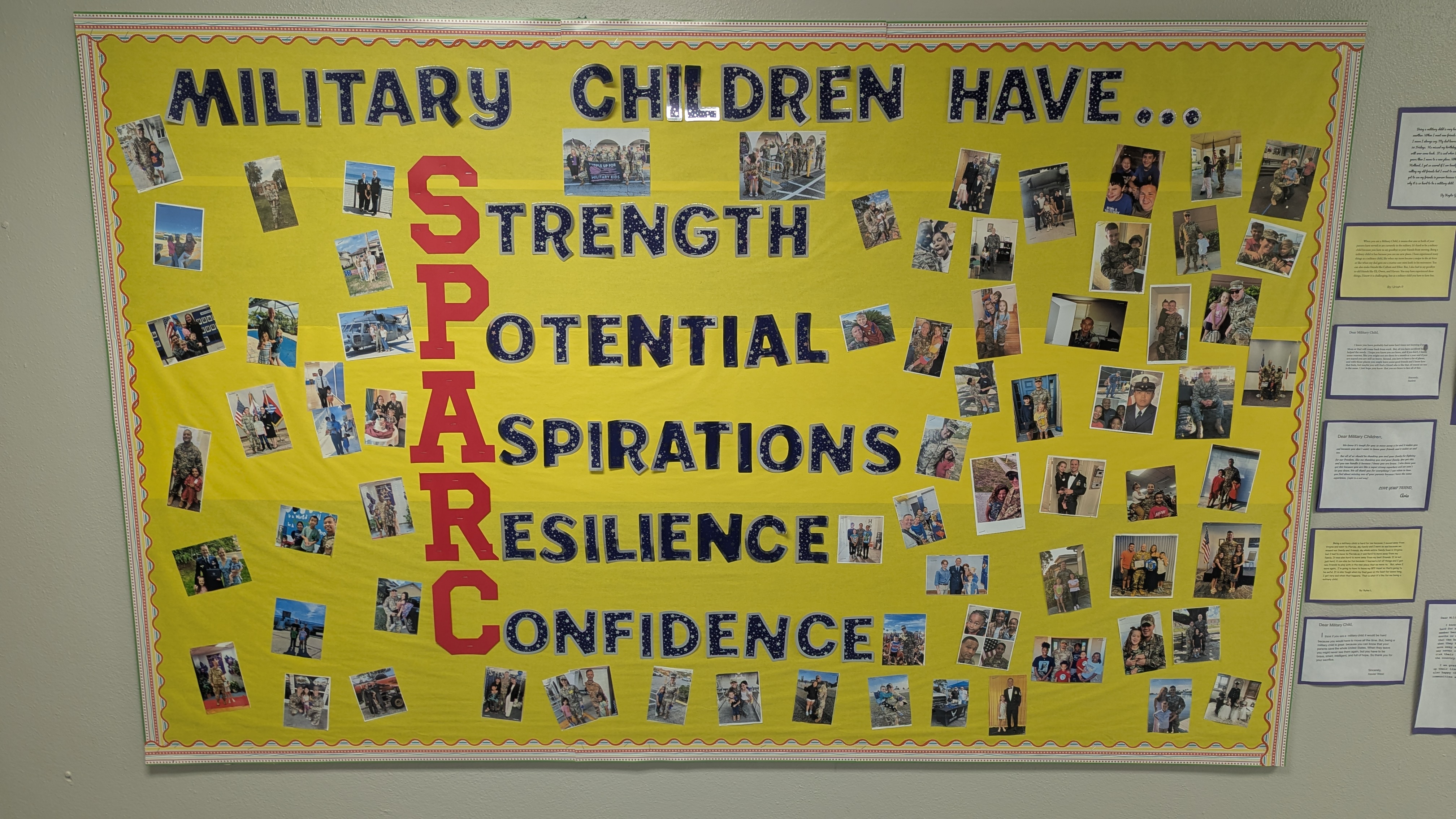 Bulletin board declaring that "Military children have SPARC! (Strength, Potential, Aspirations, Resilience, and Confidence!)"