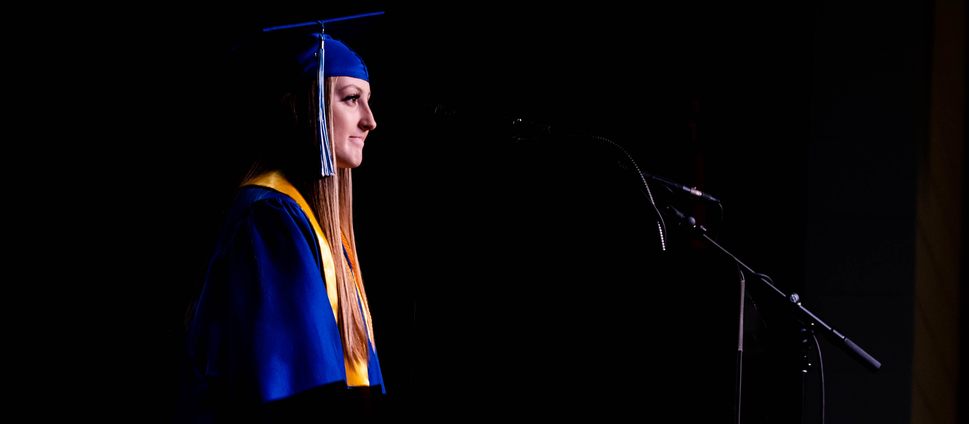 Vignette photo of a graduate speaking at Bald Knob 2020 graduation