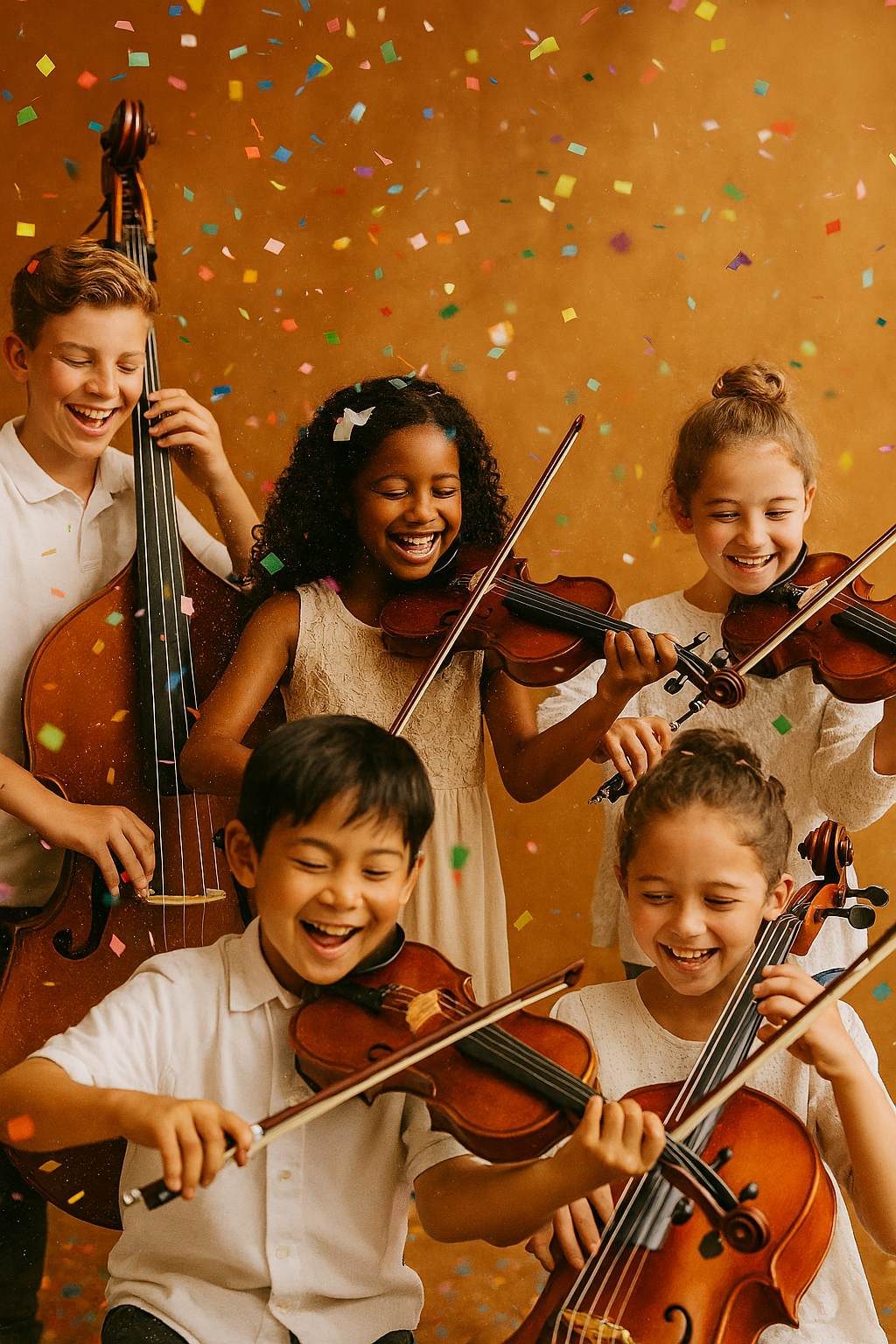 A joyful image of kids playing violin, viola, and bass with confetti around them.