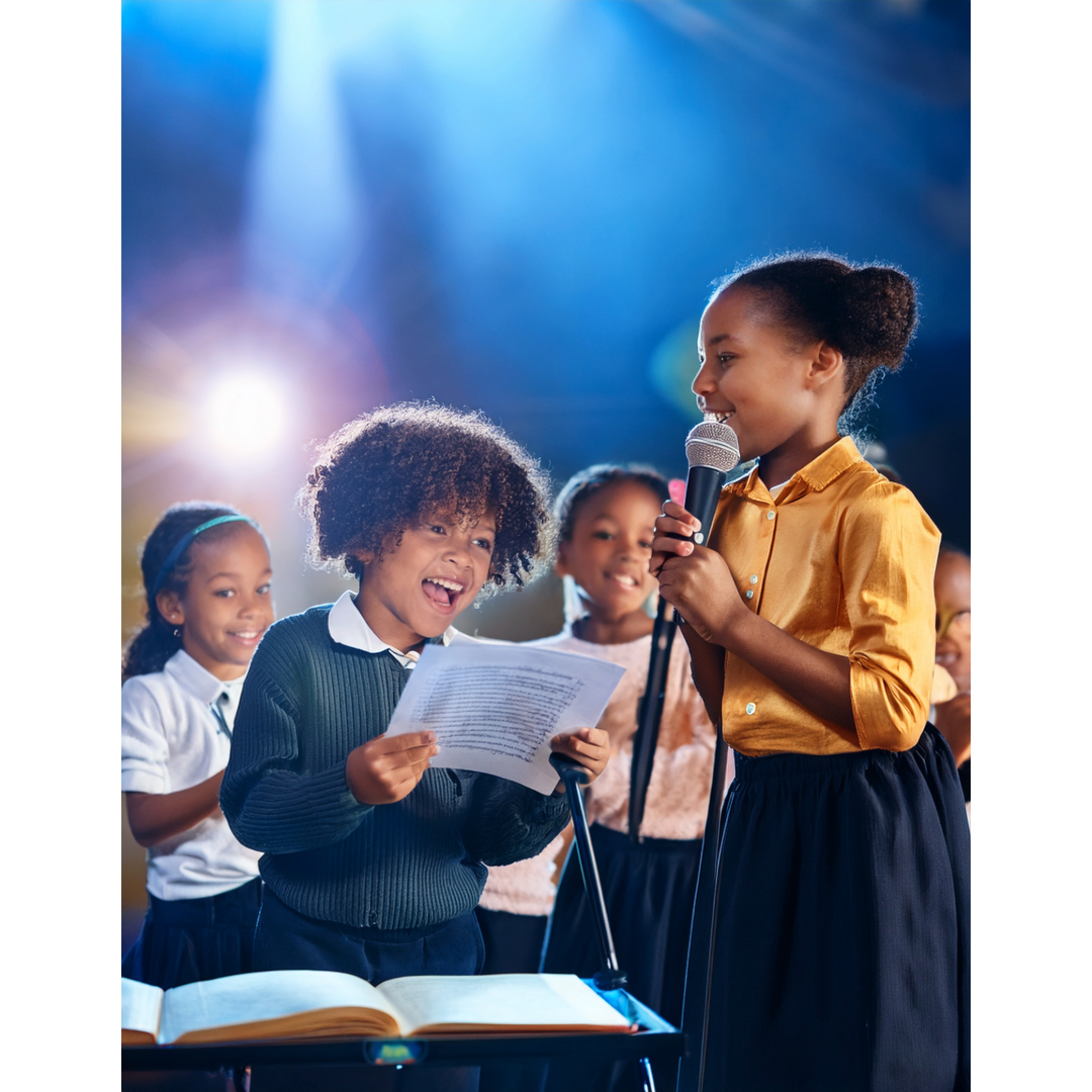 A joyful image of kids singing on stage holding music