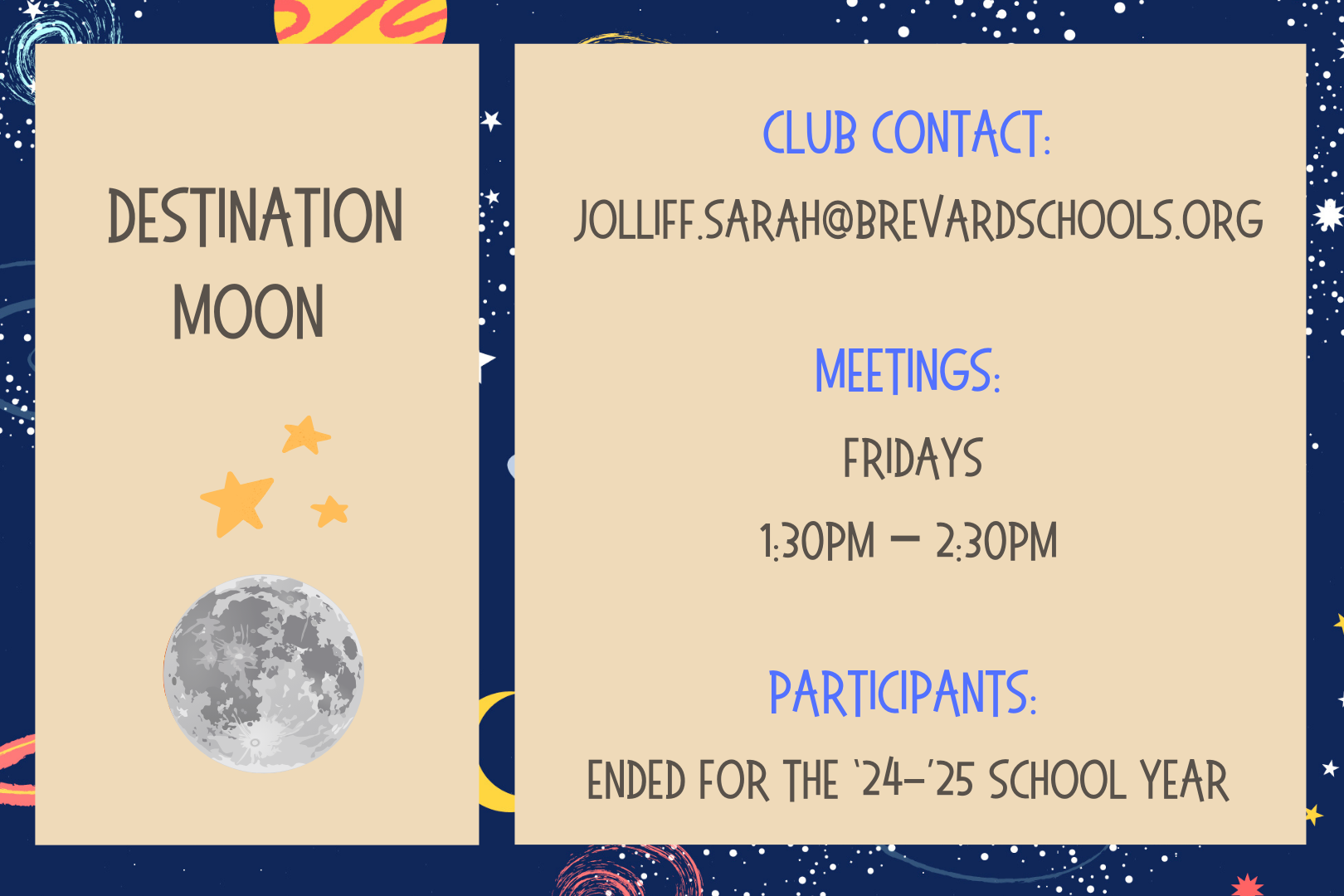 Destination Mars, Club Contact: delena.sarah@brevardschools.org, Meetings: Fridays, 1:30pm-2:30pm, Participants: ended for the ‘23-’24 School year