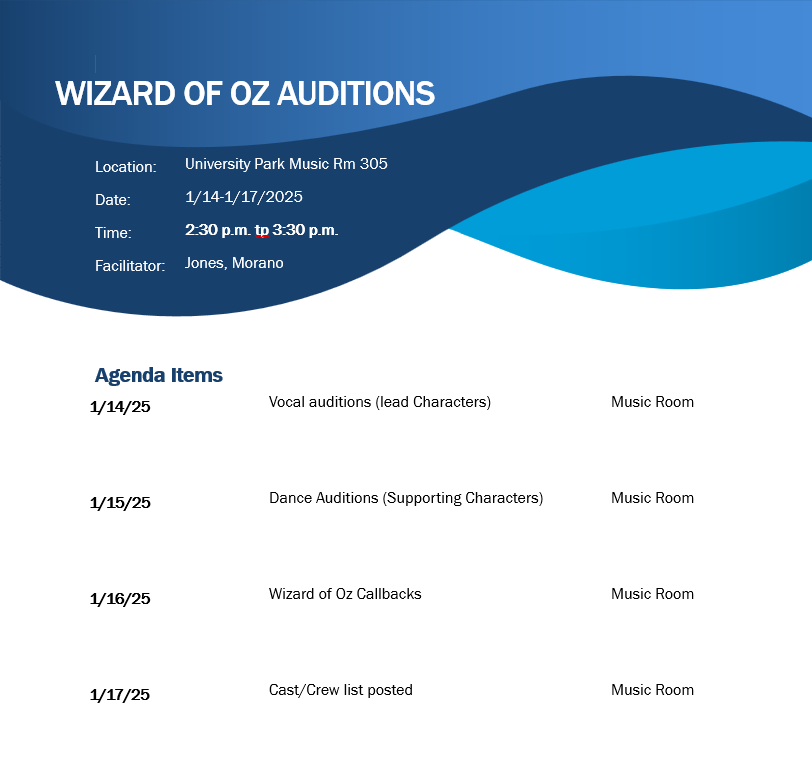 Wizard of Oz Audition Schedule