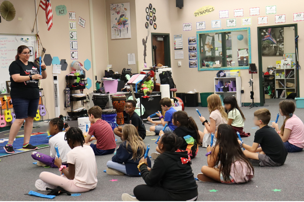 image of students in a music classroom learning how to play the recorder