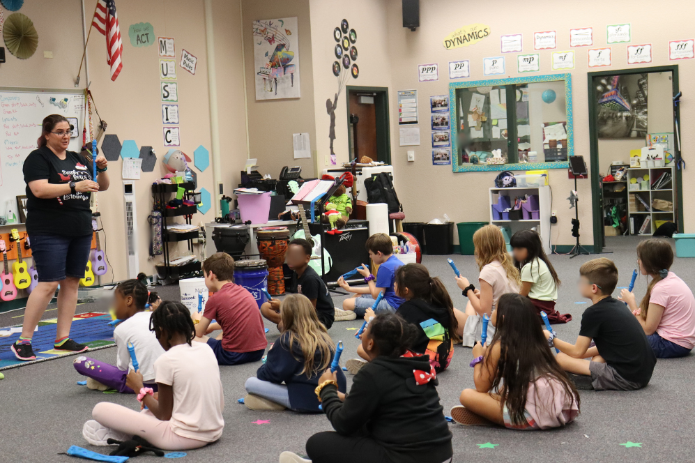 image of students in a music classroom learning how to play the recorder