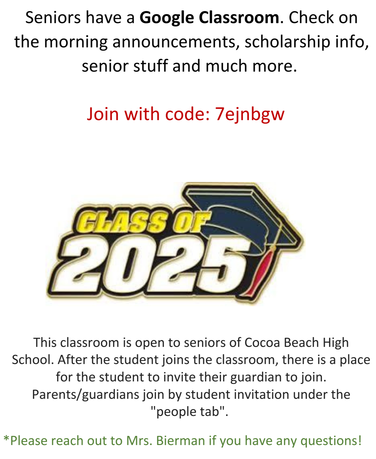 Google Classroom code for Class of 2025